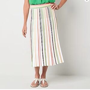 Liz Claiborne Striped Knit Pleated Skirt White stripe Preppy Coastal Resort